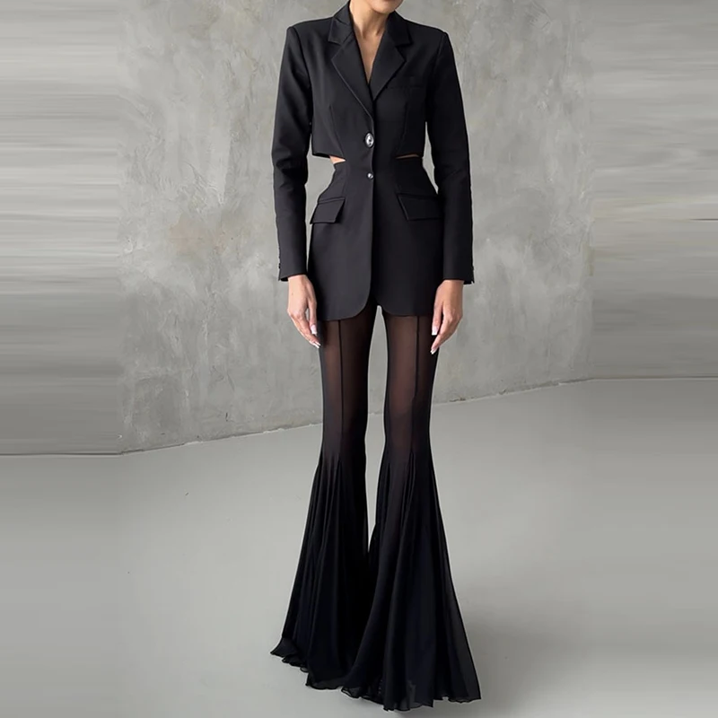 Fashion Elastic High Waist Solid Flared Trousers Sexy Slim Fit Party Women Pants Elegant Patchwork Mesh Perspective Long Pants