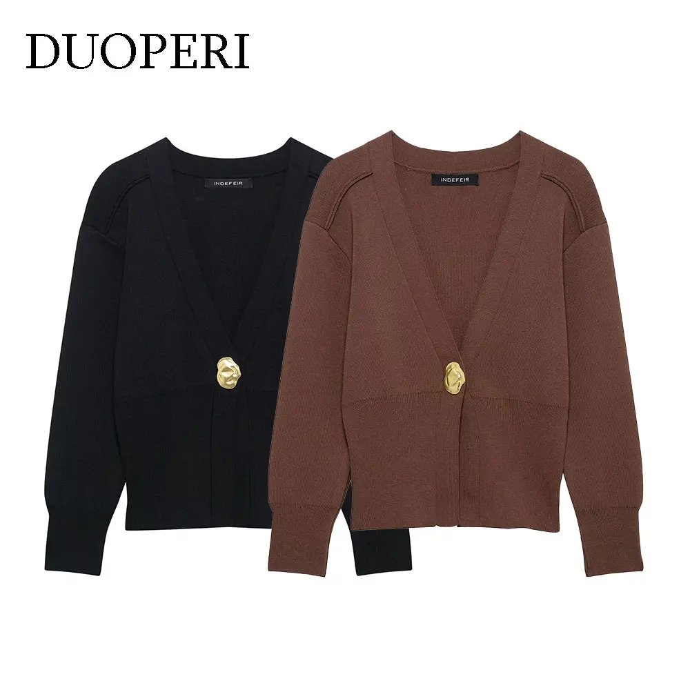 

DUOPERI Women Cardigan Fashion Solid Knitted Sweater V-Neck Long Sleeves Vintage Female Elegance Chic Lady Outfits