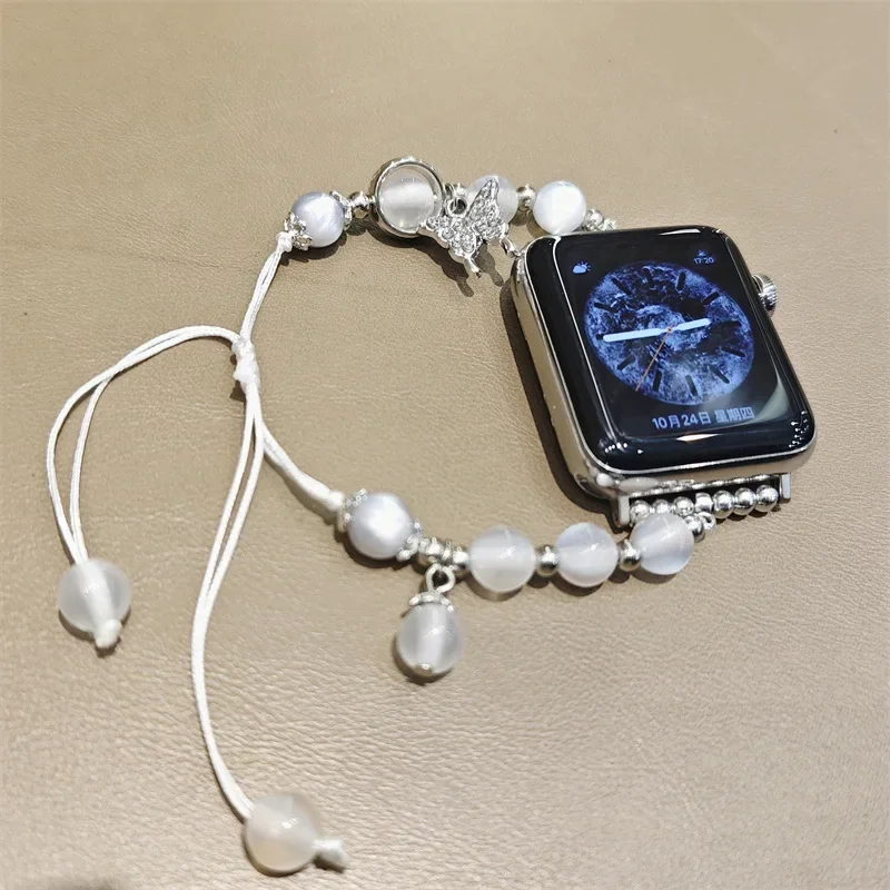 Fashion Cat Eye Stone Bead Bracelet for Apple Watch 44mm 40 41 45 42 46 49 Diamond Butterfly Charm Strap for Iwatch 12 11 10 9 8