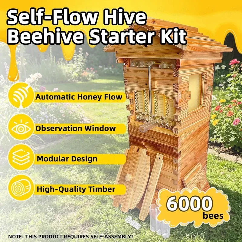 Self-Flow Hive Beehive Starter Kit Wooden Beehives Holds up to 6000 Bees with Transparent Observation Window and Automatic