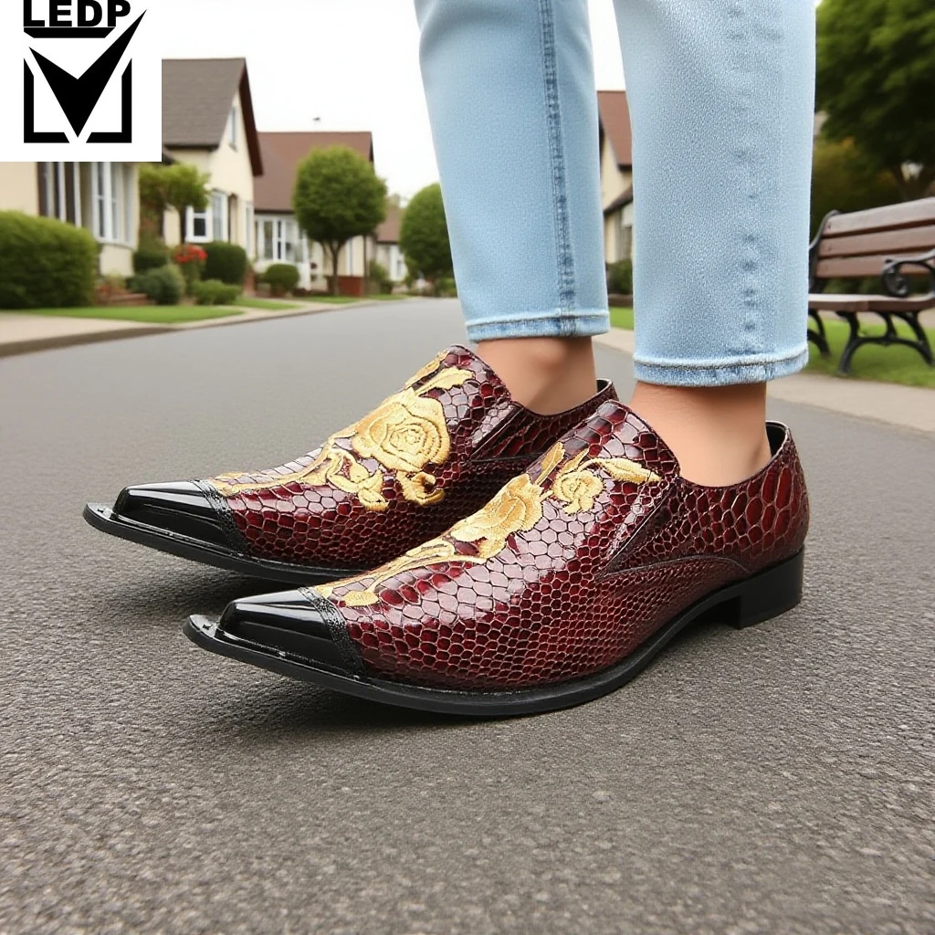 

Men's Black Leather Dress Shoes with Gold Floral Embroidery | Snake - Skin Texture & Pointed Toe Design