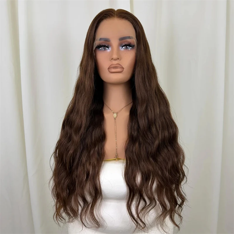 Middle Part Ombre Chocolate Brown Highlight Wig Glueless Synthetic Lace Front Wig Small Large Size Cap Super Long Water Wave Wig