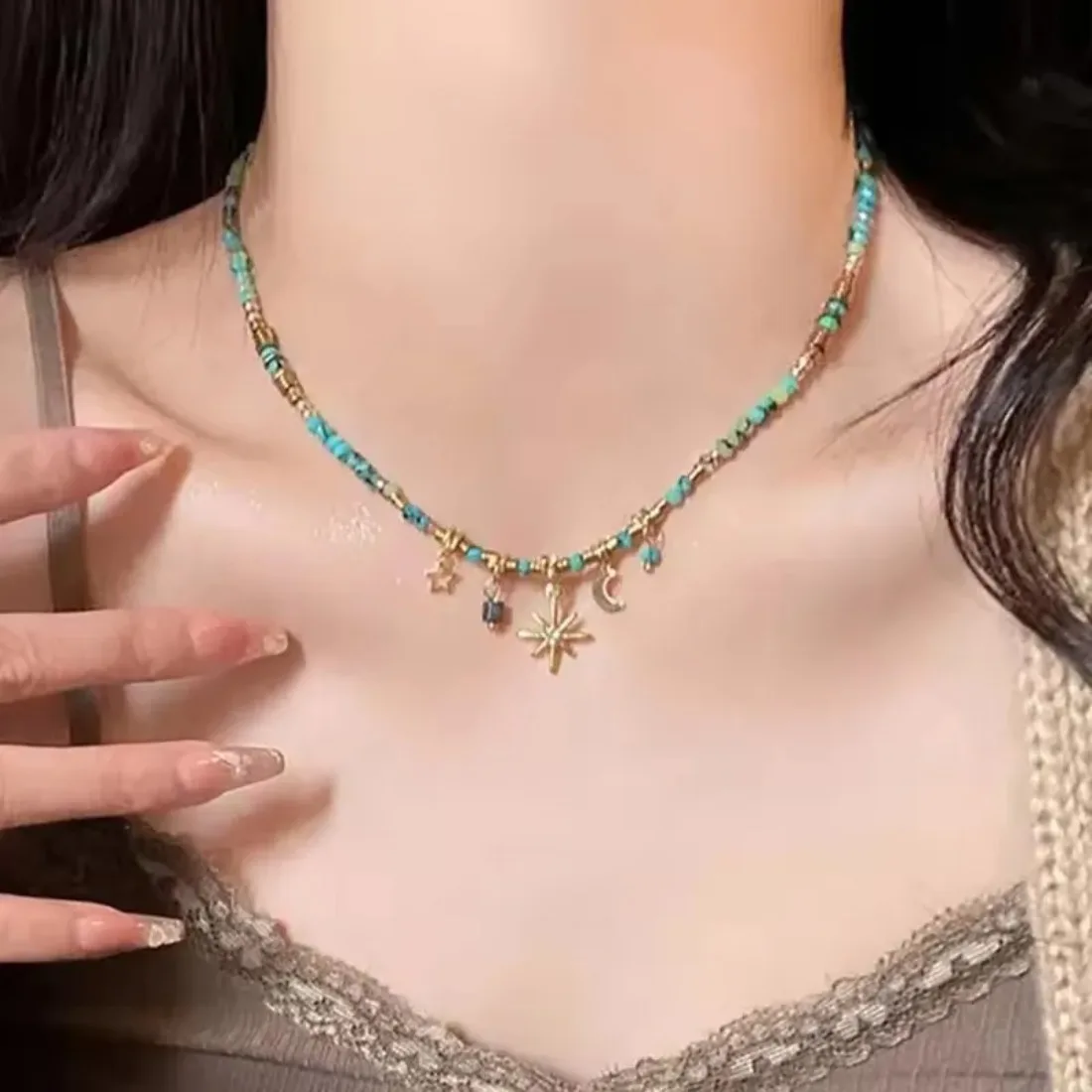 Colar étnico feito à mão com estrela – Boho colorido frisado joias de clavícula de verão, novo estilo chinês