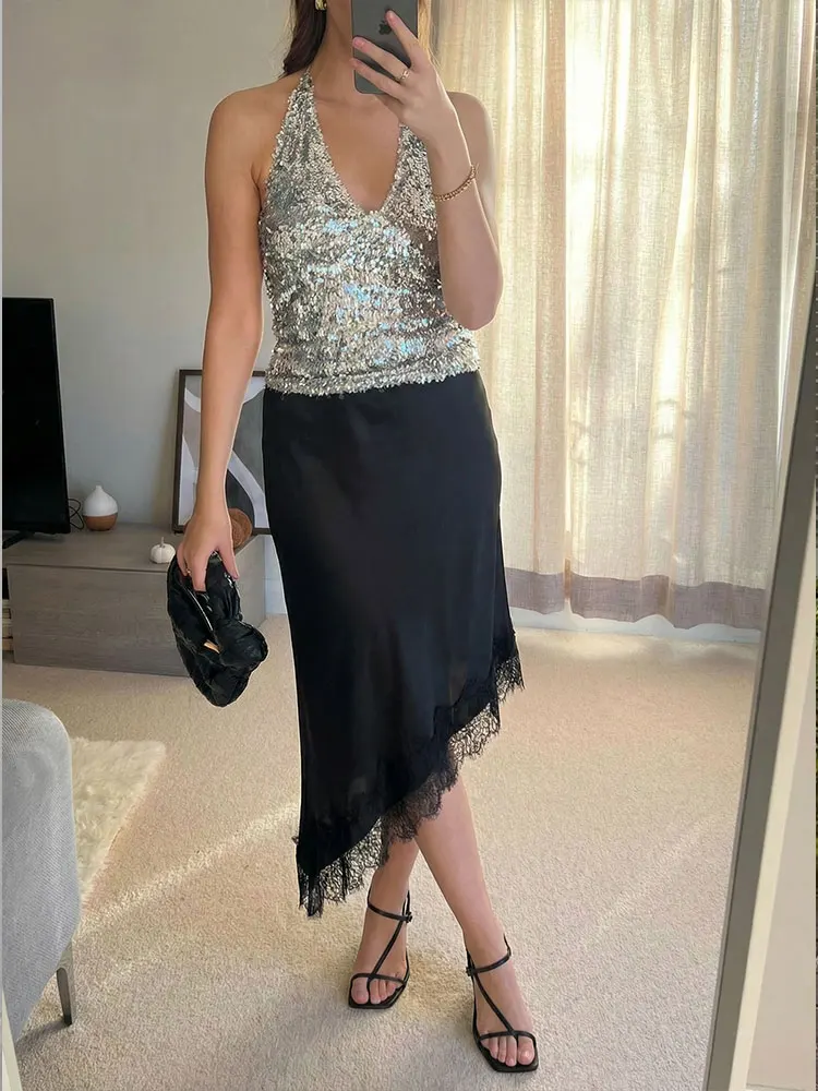 กระโปรงลูกไม้แฟชั่นผู้หญิงทรงเอ ดีไซน์ชายไม่เท่ากัน เอวสูง ทรงเข้ารูป ยาว  สำหรับฤดูใบไม้ผลิและฤดูร้อน สไตล์ไฮสตรีท สวยเก๋