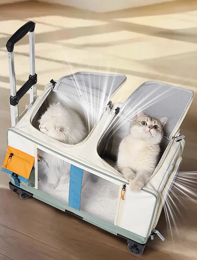Custom Foldable Breathable Indoor Outdoor Soft Lined Metal Frame Travel Crate Bag Stroller Outdoor Large Wheels Pet Dog Cat Carr
