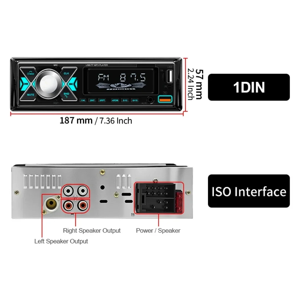 Car Stereo Single Din BT Audio Hands-Free Microphone MP3 Player No CD/DVD Player USB Port AUX Input FM Radio Receiver