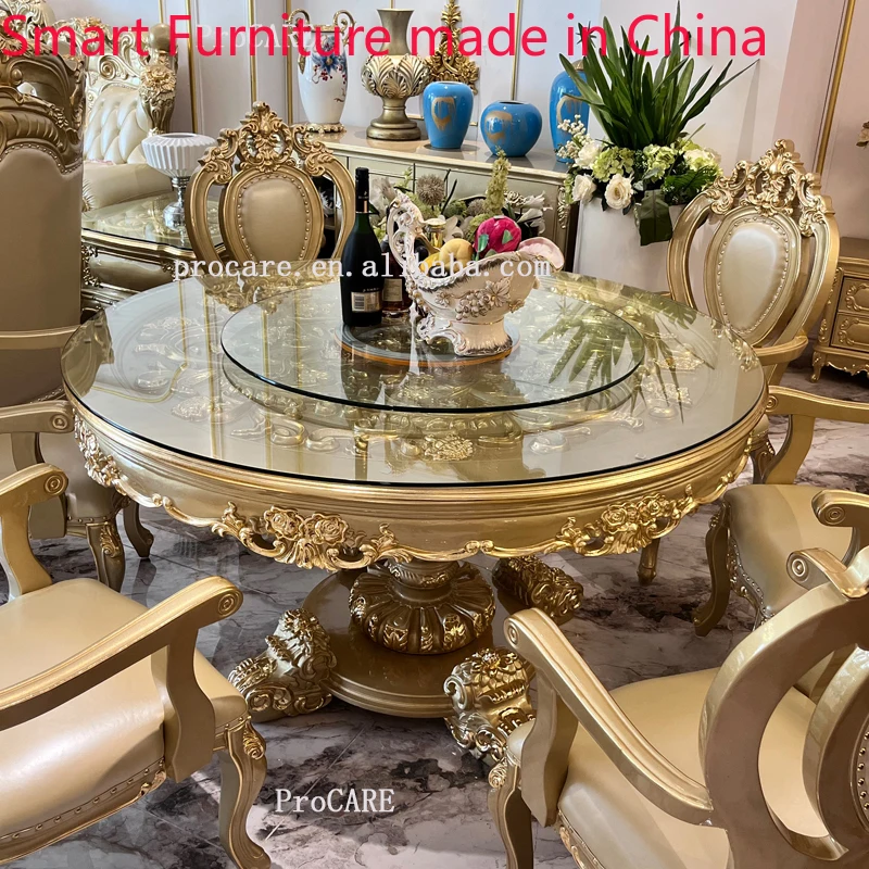 

ProCARE European style solid wood dining table marble surface glass surface round table luxury villa high-end dining table set