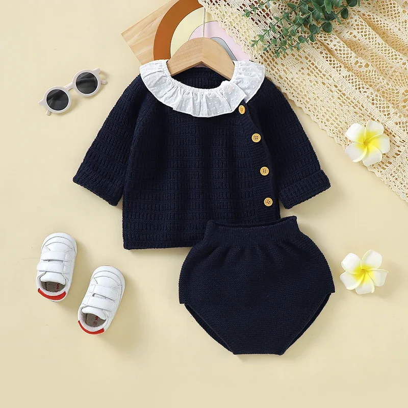 

Baby Clothes Set Knitted Autumn Newborn Girl Boy Sweater Long Sleeve +Pants Infant Pullover Fashion Turn-down +Shorts 0-18M 2pcs