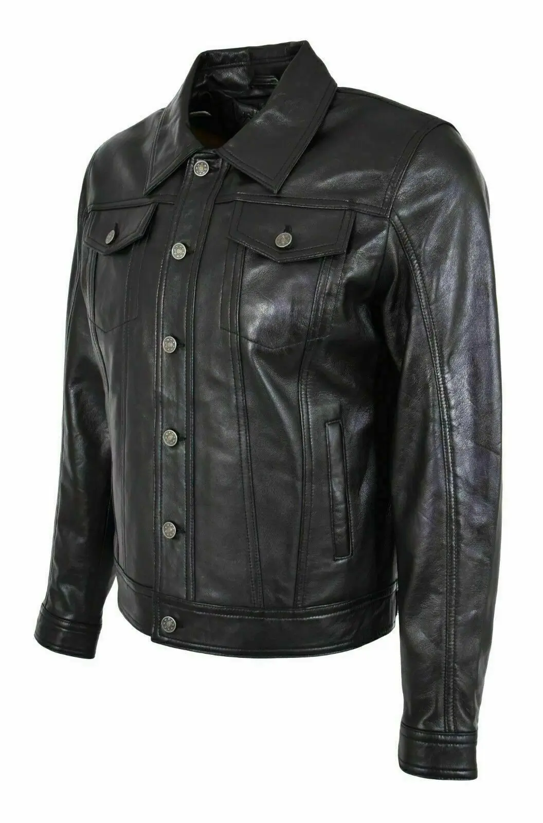 Men's Lambskin Leather Shirt Basic Vintage Biker Slim Fit Formal Jeans Shirt