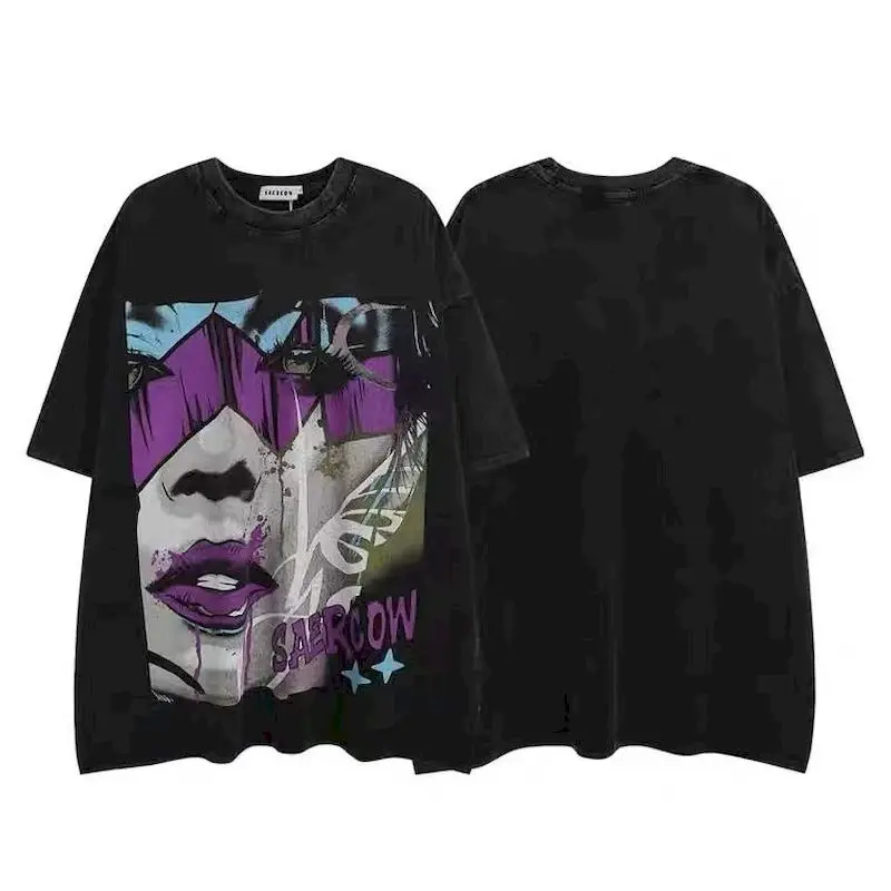 

Cotton T-shirts Women Men Ins Trend Street Figure Graffiti Print T Shirt Dark Handsome Short Sleeved Tops Summer Loose Tshirt