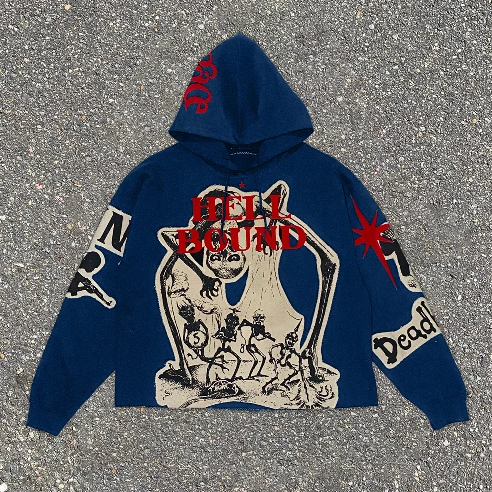 American Casual Skull bedruckter Hoodie für Männer und Frauen Retro Stretch ärmel sitzende Gothic Hooded Full Print Sweatshirt y2k