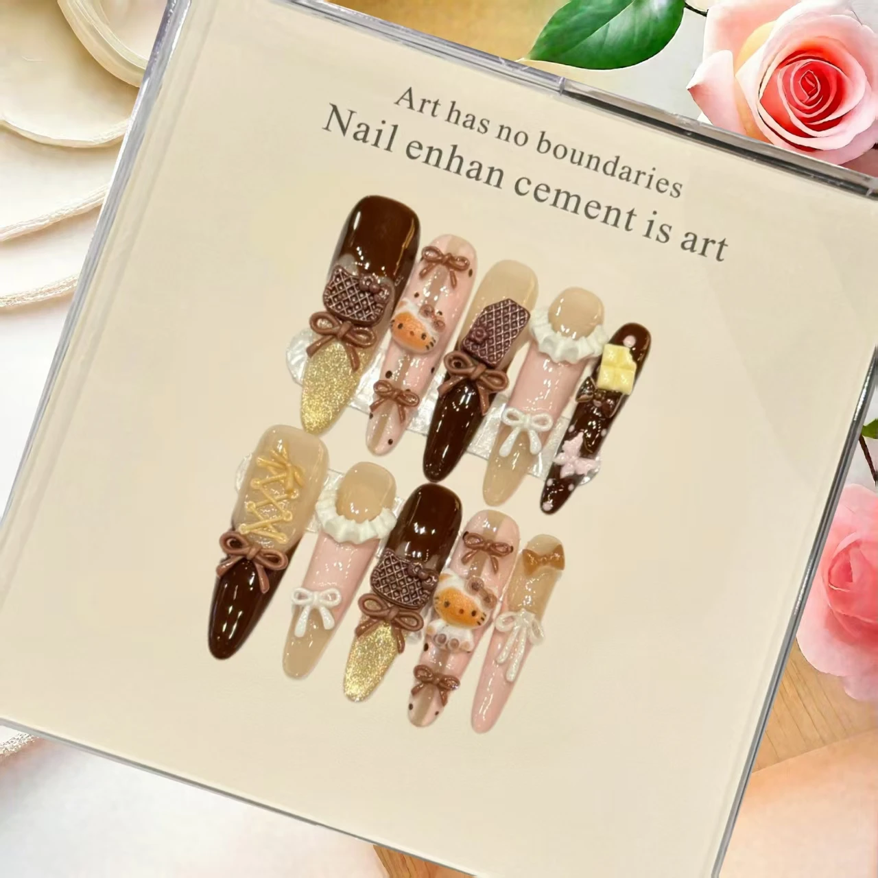 

10PCS Cute Cat Eye Press On Nails Autumn Ballet Pink Brown Sweet Handmade With 4-PIECE Tools Super-Strong Nail Adhesive Tabs