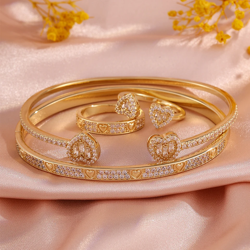Yupsk 4-teiliges modisches Herz-Design-Armband-Ring-Set aus glänzendem Zirkon-Kupfer für Frauen, exquisiter, wunderschöner Schmuck für Hochzeiten und Partys – Detail 3