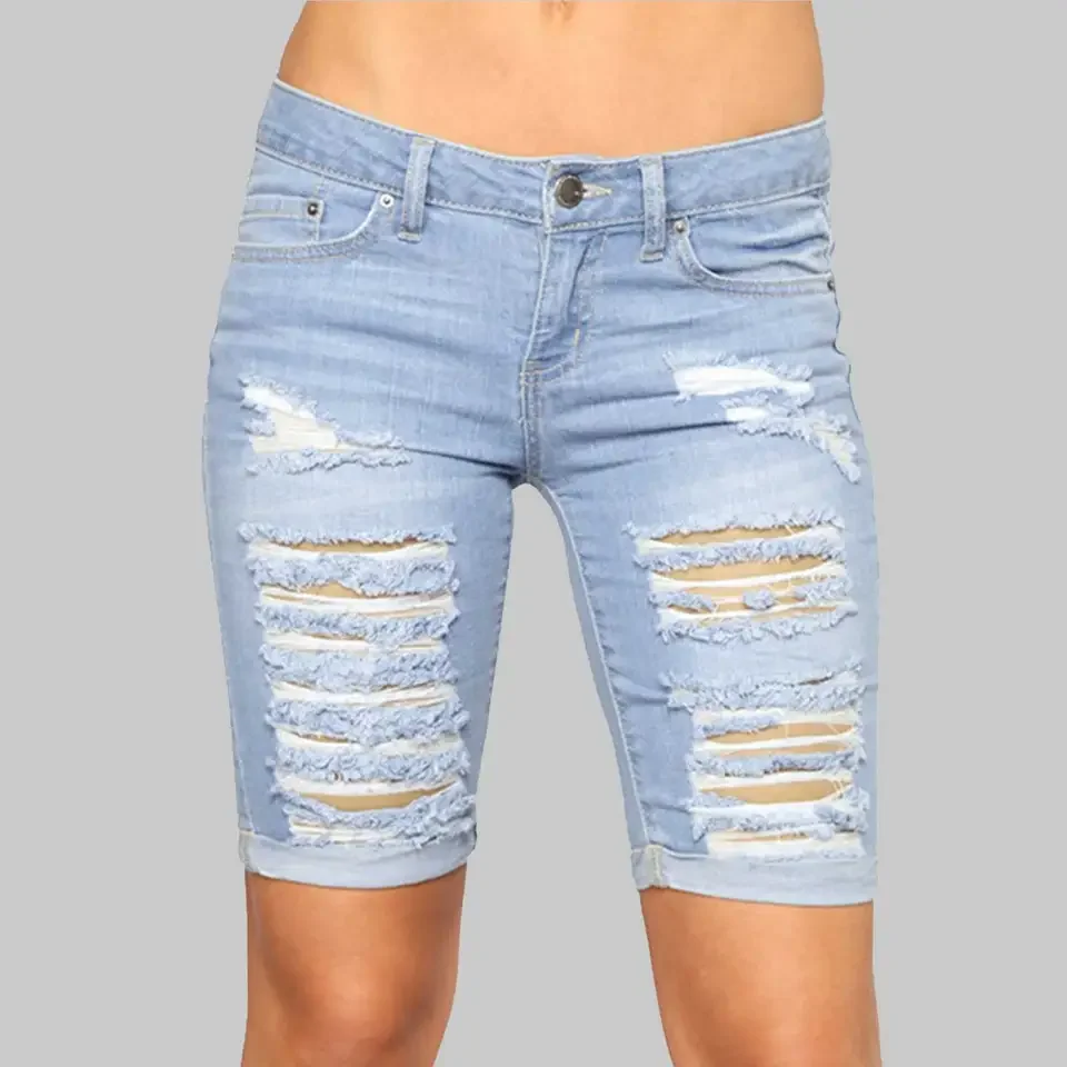Versatile Daily Casual Stretch Work Pants Women'S Mid Rise Ripped Stretchy Jean Shorts Hem Casual Denim Shorts SuéTer Mujer
