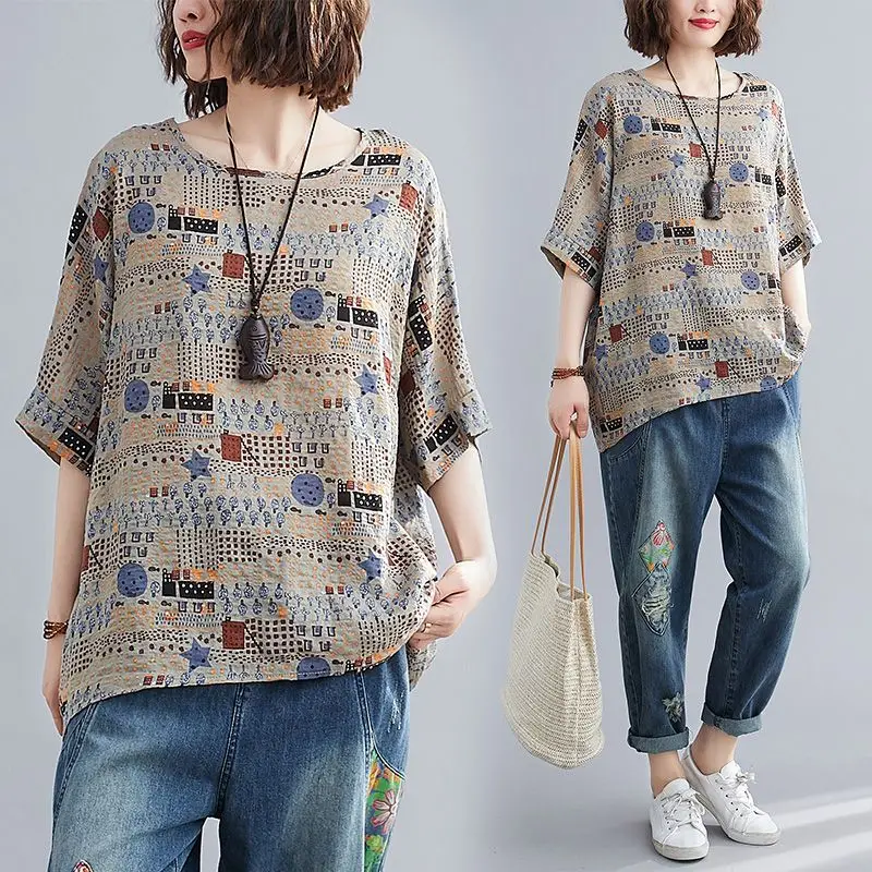 2024 New Summer Retro Ethnic Style Casual Fashion Loose Fitting Short Sleeved Round Neck Printed Animal Women\'s T-shirt Top