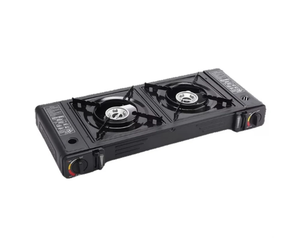 Portable Double Burner Cassette Gas Stove, Stainless Steel Outdoor Camping Cooker Double Head Gas Stove