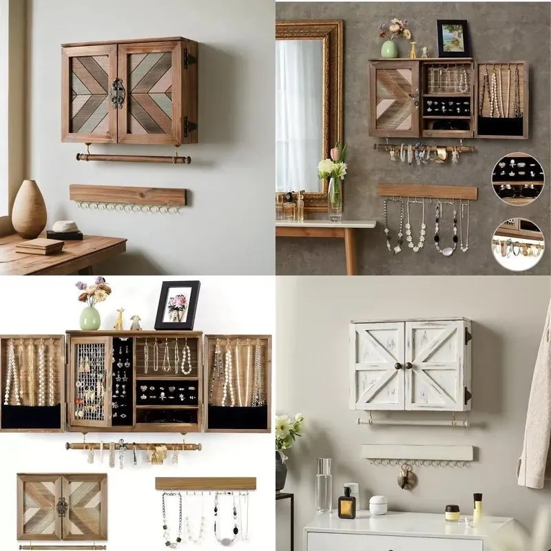 Custom Modern Solid Wood Wall Mounted Jewelry Storage Rack Dust Proof Necklace Earring Organizer Display Cabinet