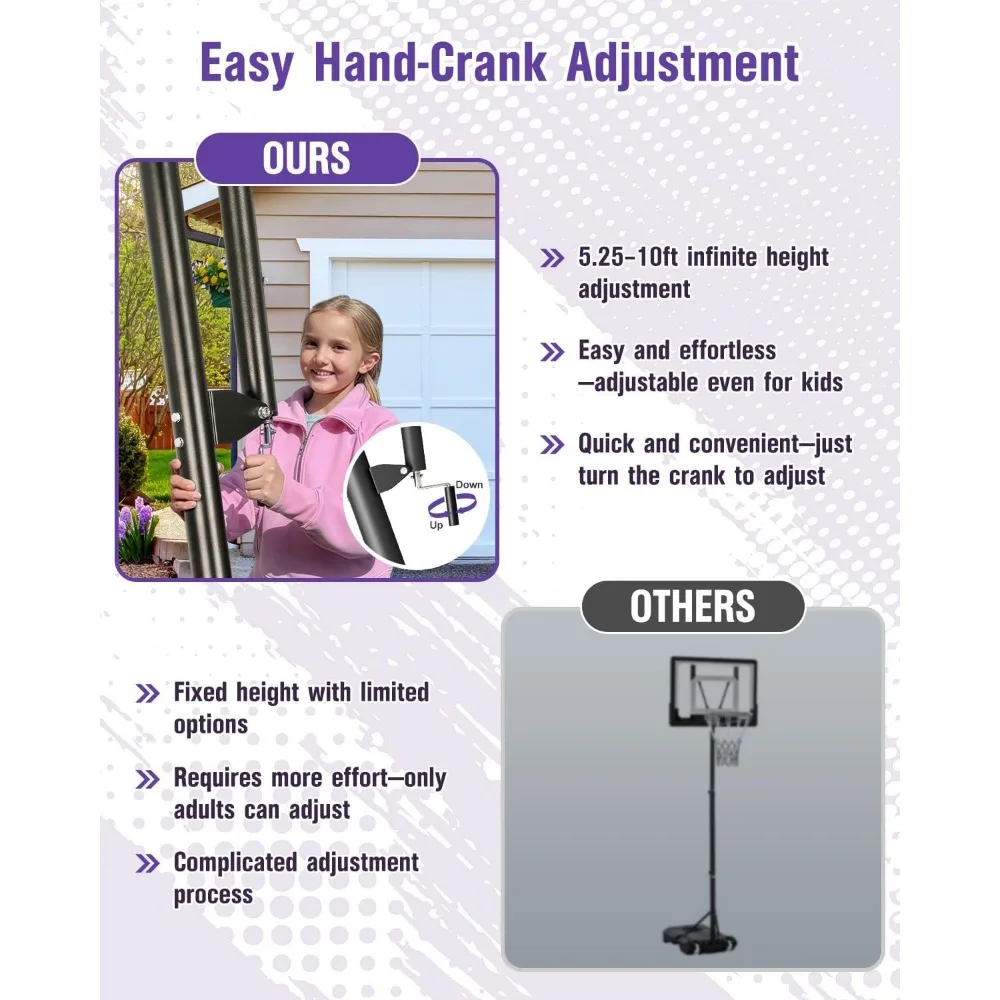 持ち運び可能な屋外用バスケットボールゴール、飛散防止44/48インチPCバックボード、高さ5.25～10フィートまで調整可能