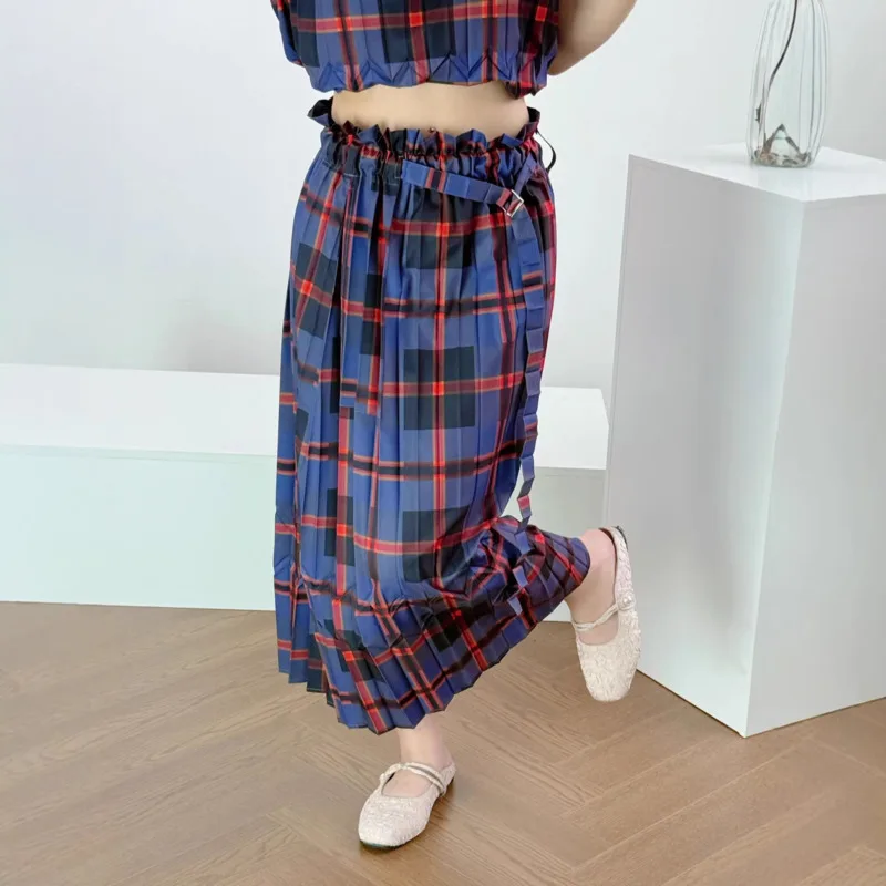 

Women Half Skirt Plaid Striped Ruffle Edge Pleated Belt Design 2026 Summer New Female Outdoor Casual Clothing