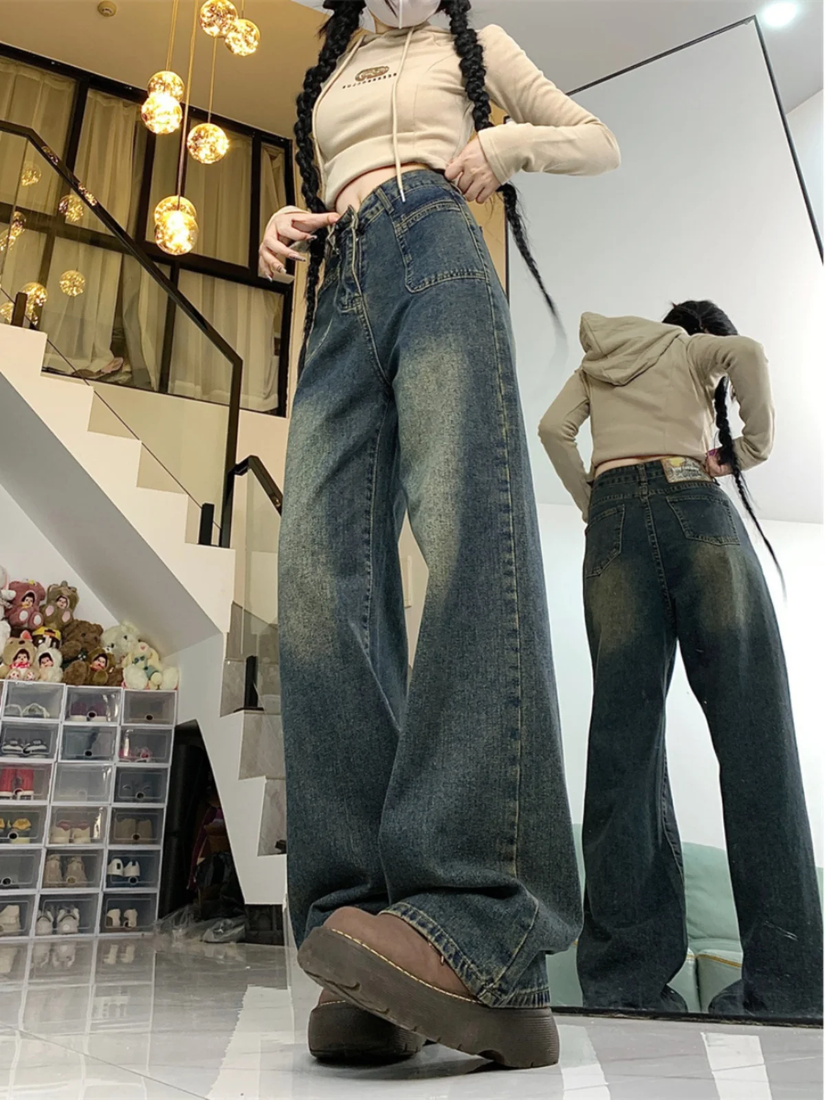 ハイウエストワイドレッグセメントデニムジーンズレディースアメリカンスタイルプラスサイズゆったりスリムストレートカットパンツ