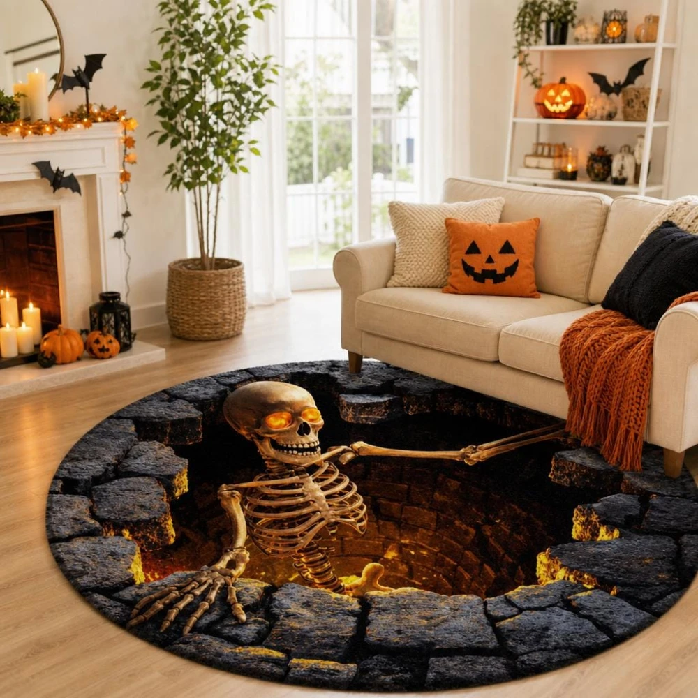 Spooky Underground Skeleton 3D Visual print Circle Rug Movie Room Horror Theme  Floor Mat for Living Room Bedroom Carpet Gift