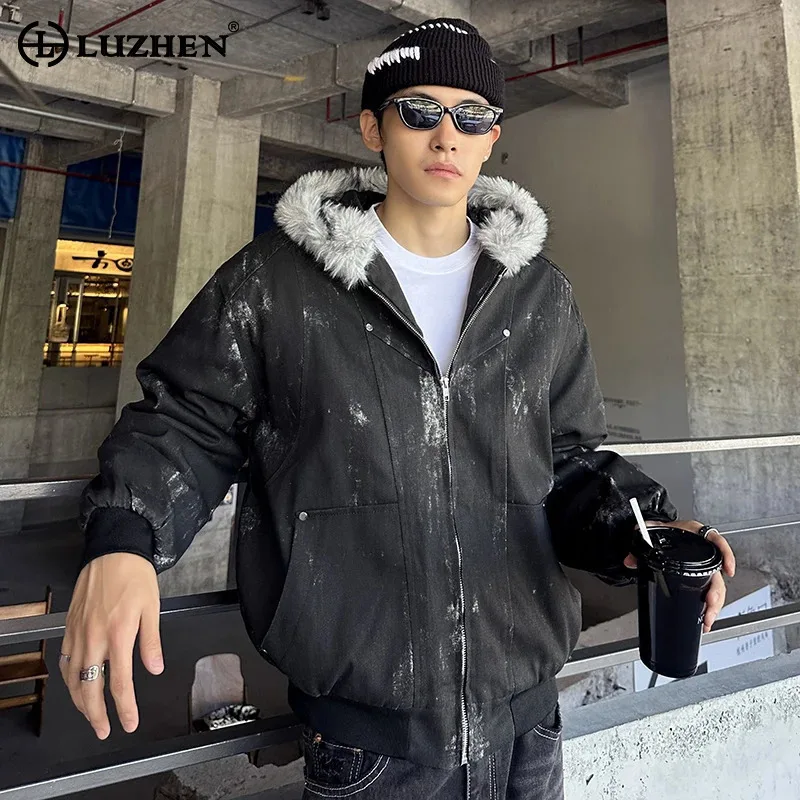 

LUZHEN оригинальный винтажный стиль, окрашенный в галстук нишевый дизайн, меховая парка с капюшоном, мужская куртка-парка 2025, зимняя мода, красивая стеганая куртка JY4885