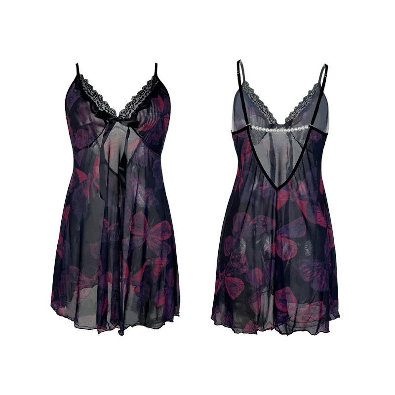 Women's Sleepwear Perspective Print Floral Mesh Nightgown Sexy Suspender Nightdress Homewear Loungewear