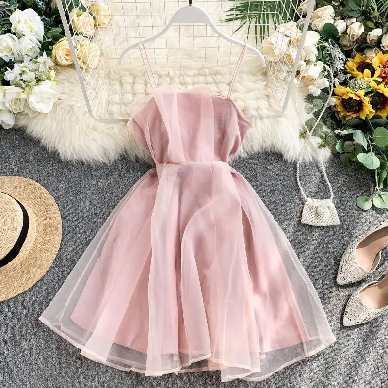 

Spring Summer Spaghetti Strap High Waist Sleeveless Mini Chiffon Elegant Women Lady Female Dress