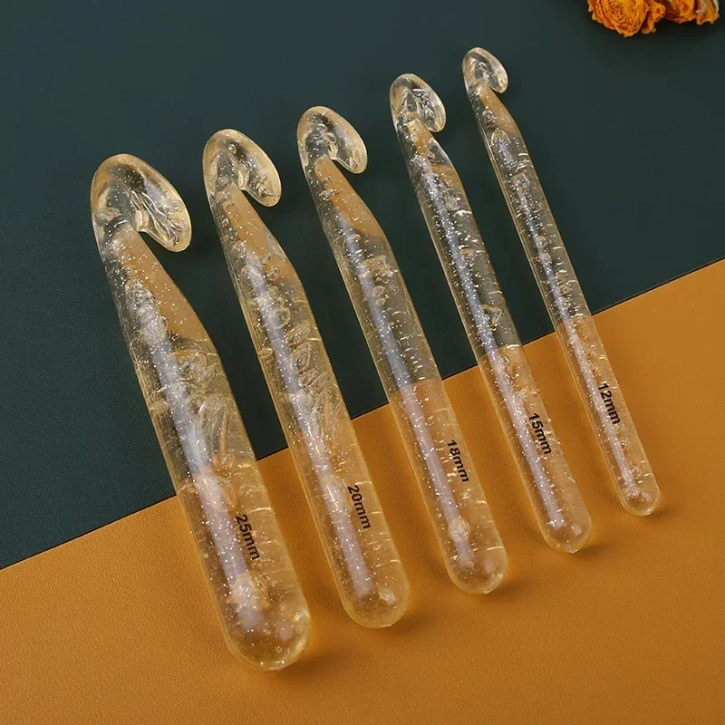 5Pcs 12/15/18/20/25 mm Transparent Crystal Crochet Hooks Set Weave Sewing Tools Embroidery Needles Big Knitting Needles