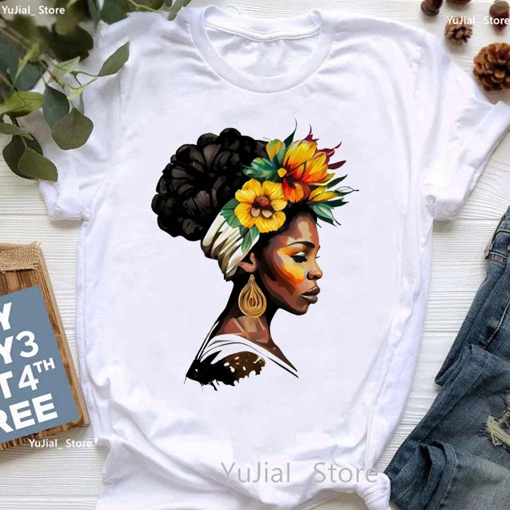 Africa Black Girls Print T Shirt Women'S Clothing Melanin Poppin Tshirt Femme Sunflower Flowers T Shirt Female