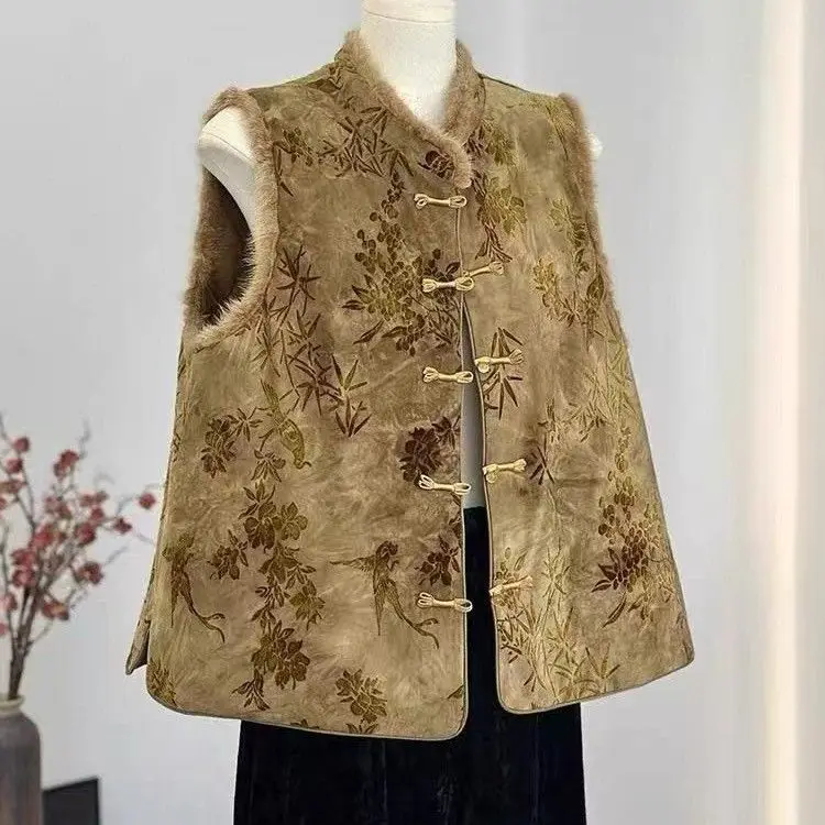 

Women Oversize Autumn Winter Warm Lady Vest Comfortable Mama Fleece Vest Top Chinese Style Printed Cotton Thickened Vestes TS432