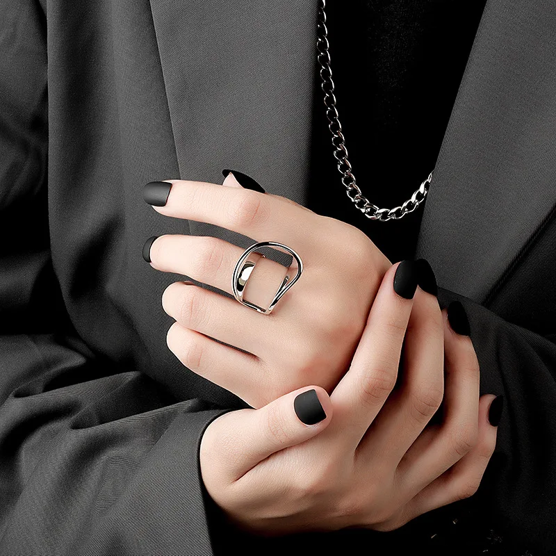 LIVVY خاتم فضي اللون قابل للتعديل مجوف INS موضة طبقة مزدوجة مجوهرات للنساء 2025 إكسسوارات عصرية هدايا