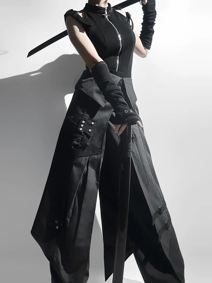 NONSAR Retro Lolita Gothic Subculture Cool Handsome Apron with Belt Neutral Pants Y2K Slim Black Tank Top Trendy Cosplay Set