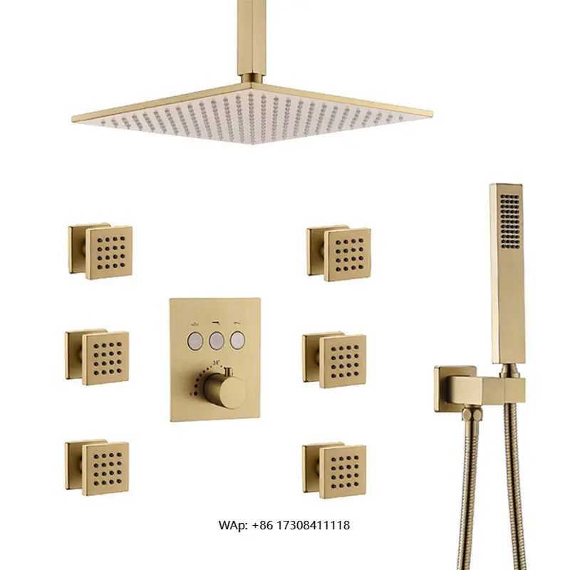 

Brushed Gold Complete Wall Mounted Brass Bath Shower Faucet System Concealed Rain Rainfall Showerhead Set Soft Jet Spray