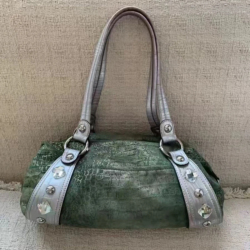 Marken-Retro-Y2K-Schultertasche Hochwertige Nischen-Motorradtasche mit Nieten Krokodilmuster Große Kapazität Denim-Canvas-Pendler-Tragetasche – Detail 27