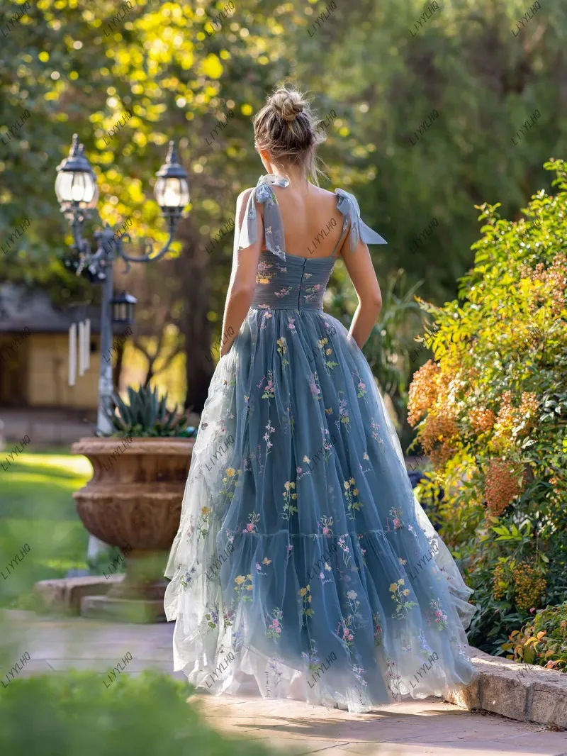 LIYYLHQ 2024 Sky Blue A-Line Prom Dresses Tulle Embroidery Floral Fairy Princess Evening Formal Occasion Gown Vestidos De Fiesta