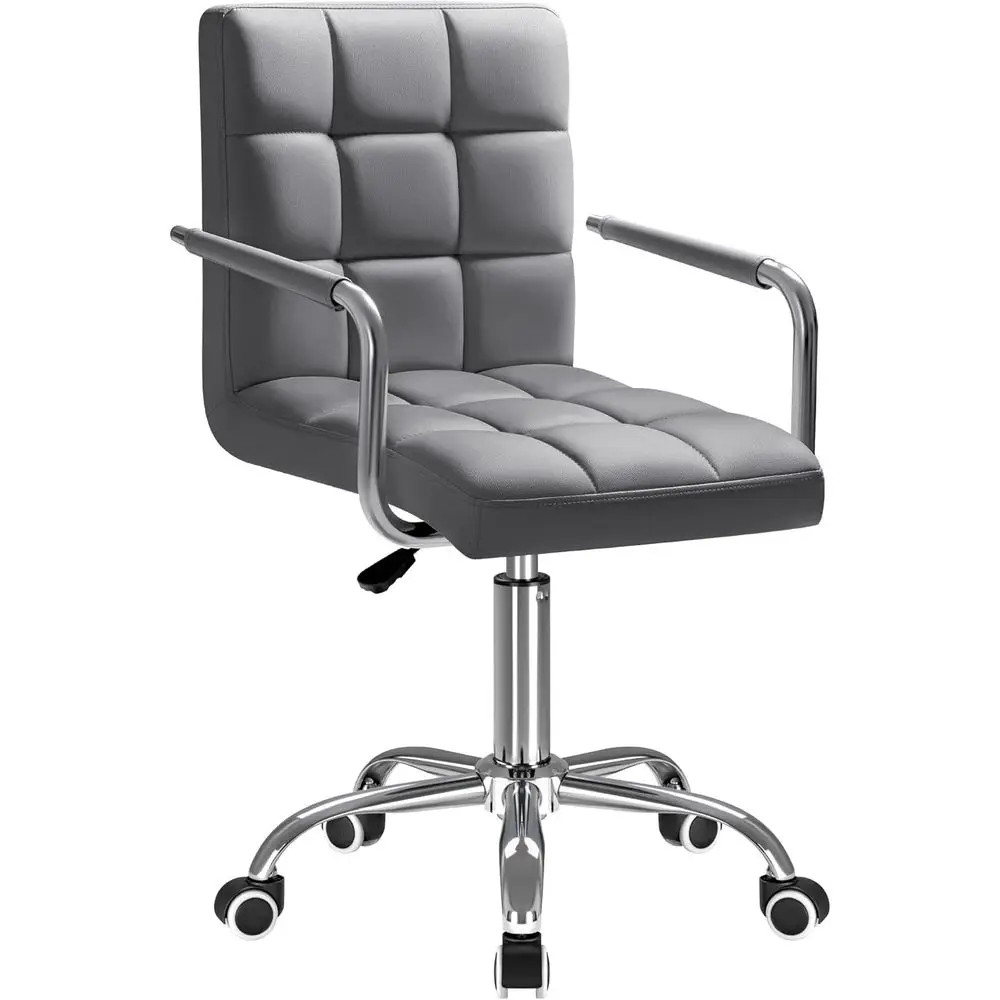 Padded Swivel Desk Chair with Wheels, Adjustable PU Leather Office Chair for Home, Comfortable 360° Rotation with Armrests (Grey