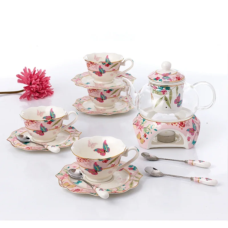 Sakura Butterfly Flower Tea Ware Set, Heatable Glass Teapot, Ceramic Coffee Cup, Saucer and Spoon Set, Tea Stove, Warmer