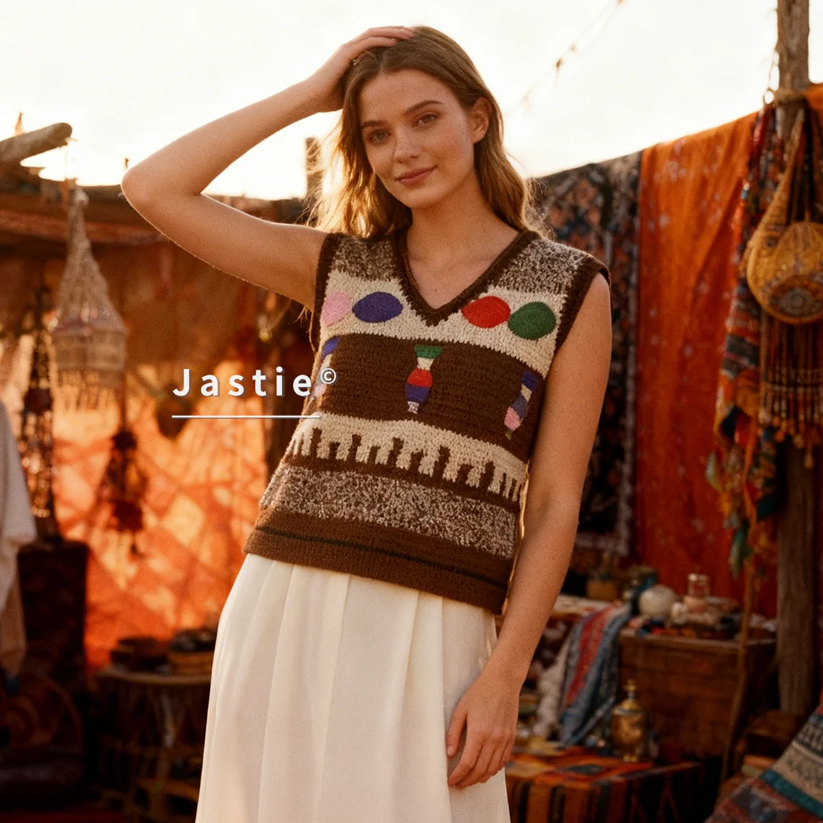 

Милый вязаный крючком леденец вязаный жилет женский полосатый v-образный вырез без рукавов красочная конфетная вышивка массивный вязаный жилет ручной работы топы