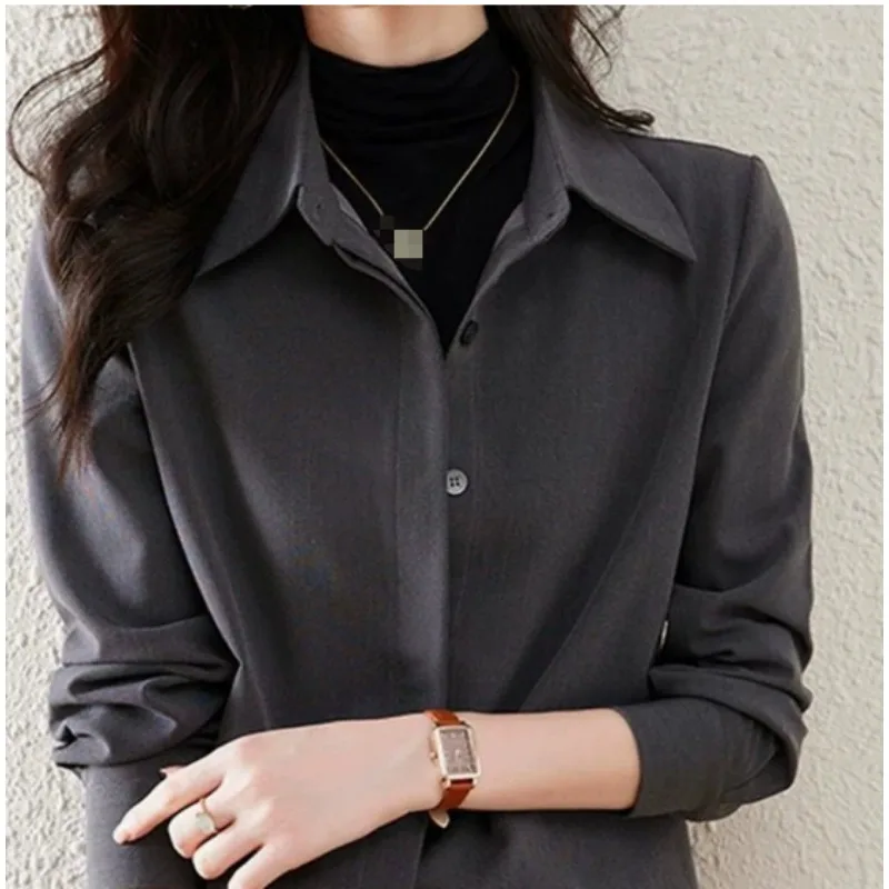 

Office Lady Style Long Sleeve Women Thick Shirt 2026 Spring Autumn Button Up Brushed Turn Down Collar Blouse Work Clothing