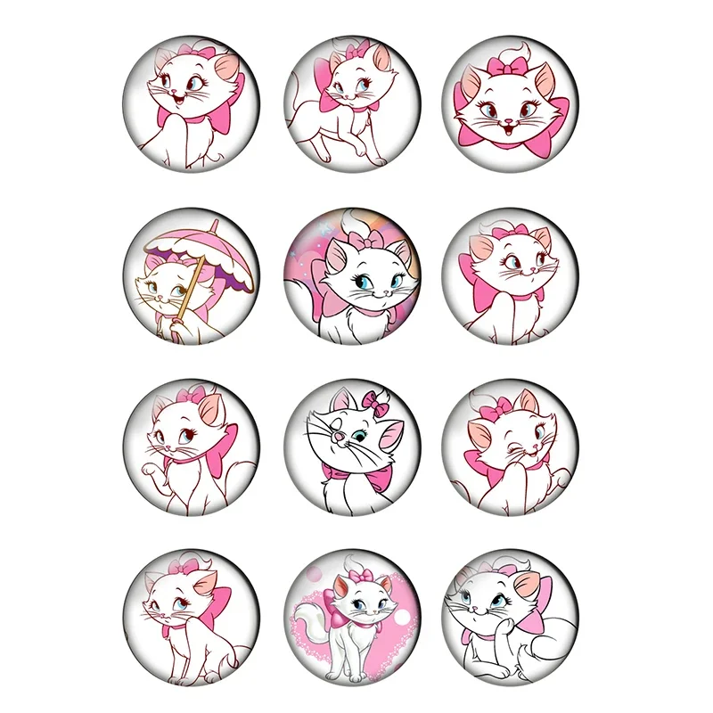 24pcs Cartoon Cute Cat Animal Painting Glass Snap Button Round Photo Glass Cabochon Demo Flat Back Making Findings H027