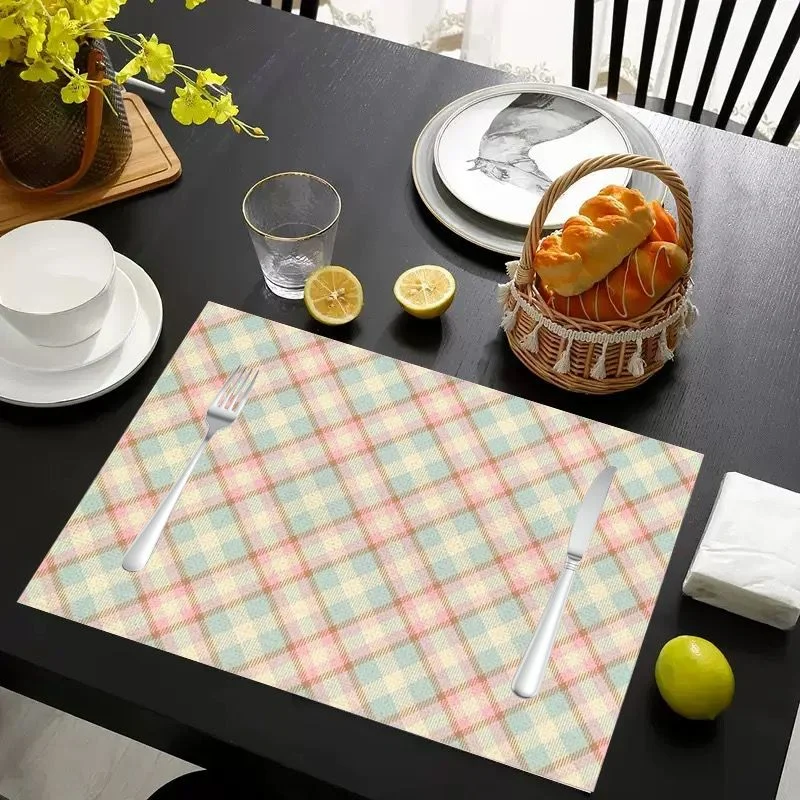 VIKAMA Pastel Pink Blue Yellow Diagonal Plaid Placemats Soft Tartan Table Mat Washable Heat Resistant Minimalist Dining Decor
