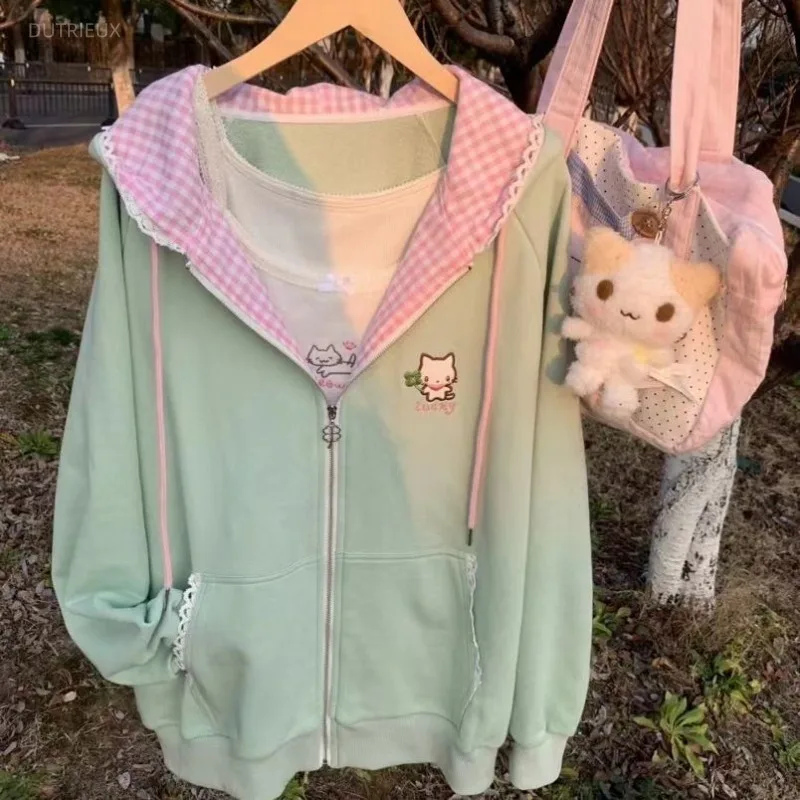 Thin Embroidered Cat Zipper Hoodie Jacket Women's Spring Japanese Subculture Korean Sweatshirts Kawaii Clothes 2025