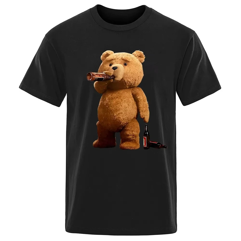 Lovely Ted Bear Drink Beer Poster Funny Printed T-Shirt Men Fashion Casual Short Sleeves Loose Oversize Tee Street Unisex