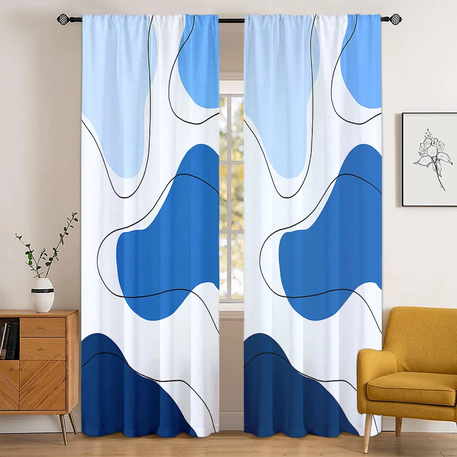 2PCS Digital Print Curtain, Abstract Blue Irregular Shapes with Black Outline, Modern Art Style for Living Room Bedroom Decor