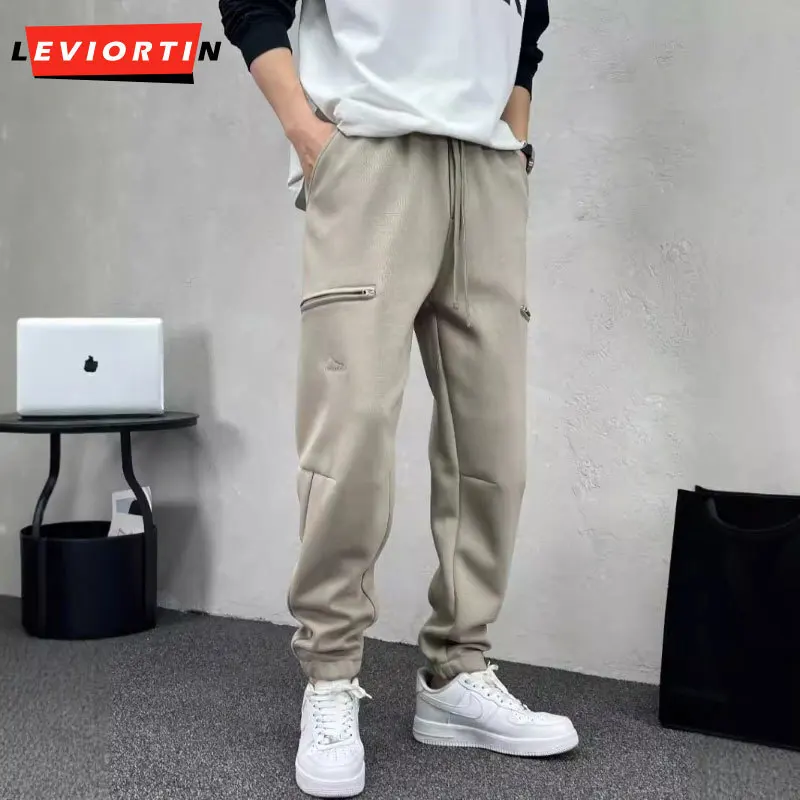 

Hip Hop Spliced Leg Binding Sweatpants For Men's Autumn Winter Sold Color Drawstring Pants Casual Sport Jogger Trousers