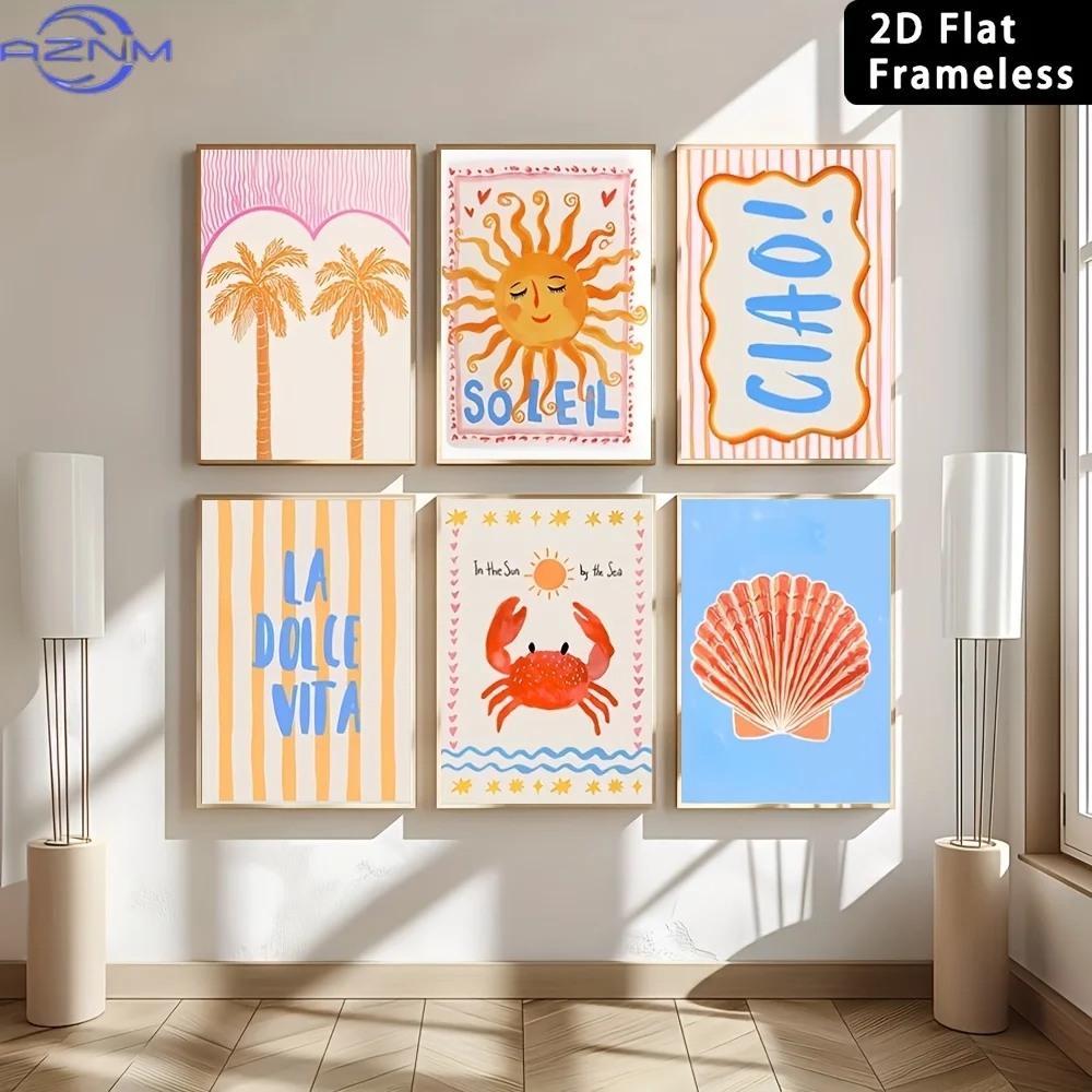 6pcs Frameless Sun Crab Shell Printed Poster Gift Set Frameless Canvas Printed Kitchen Wall Art for Various Scenarios, Suitable