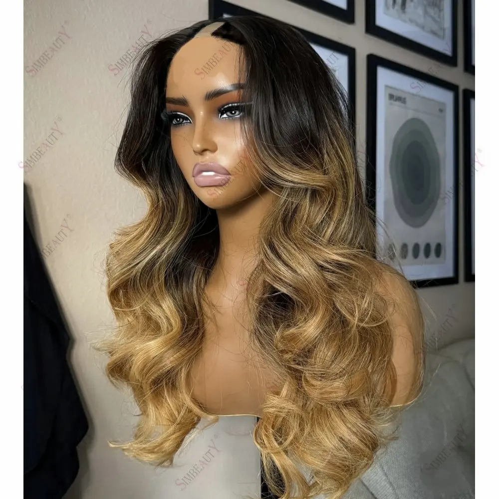 Black Roots Ombre Honigblond 1X4 Größe U-Part-Perücken Remy Echthaar Body Wave Verstellbare Klebefreie V-Form Vollmaschinell Gefertigte Perücken – Detail 2