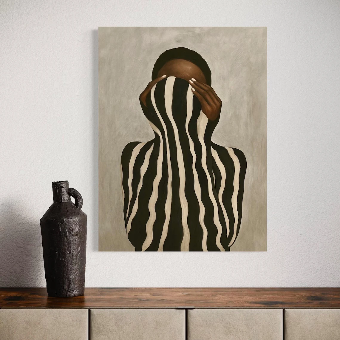 Neutrale Wandkunst, afrozentrische abstrakte schwarze Frau, Leinwanddrucke, schwarz-weiße Streifen, Mädchenbilder für Wohnzimmer, Heimdekoration