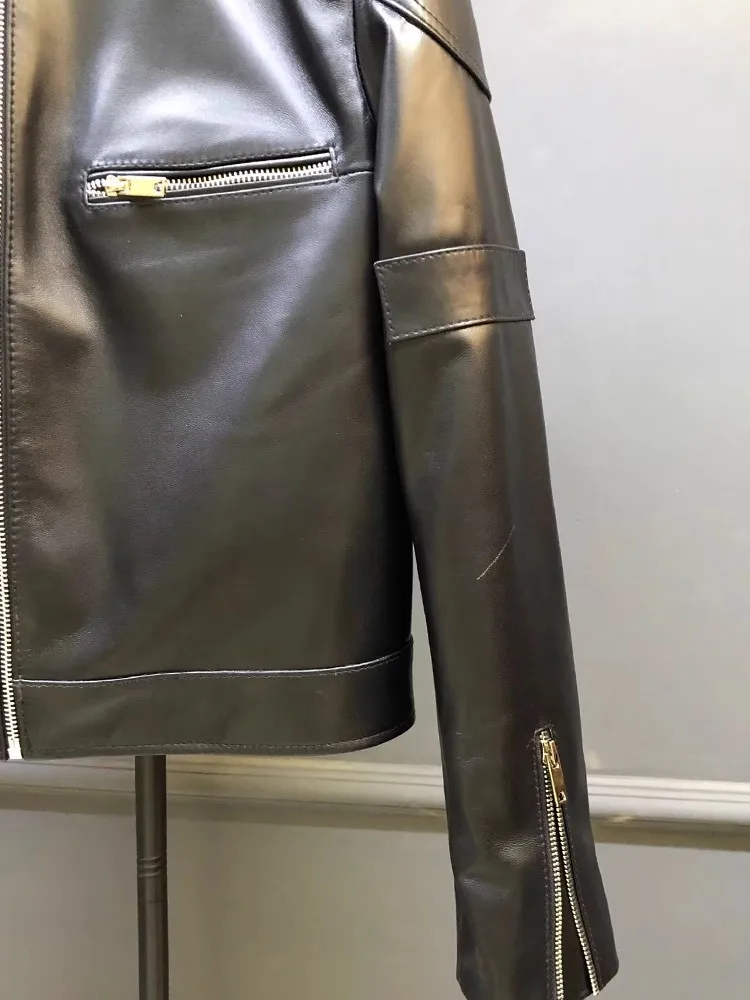 Schicke klassische Damen-Jacke aus echtem Leder, Frühling und Herbst, Stehkragen, schmale Passform, kurze Jacken, Oberbekleidung, echte Schaffellmäntel